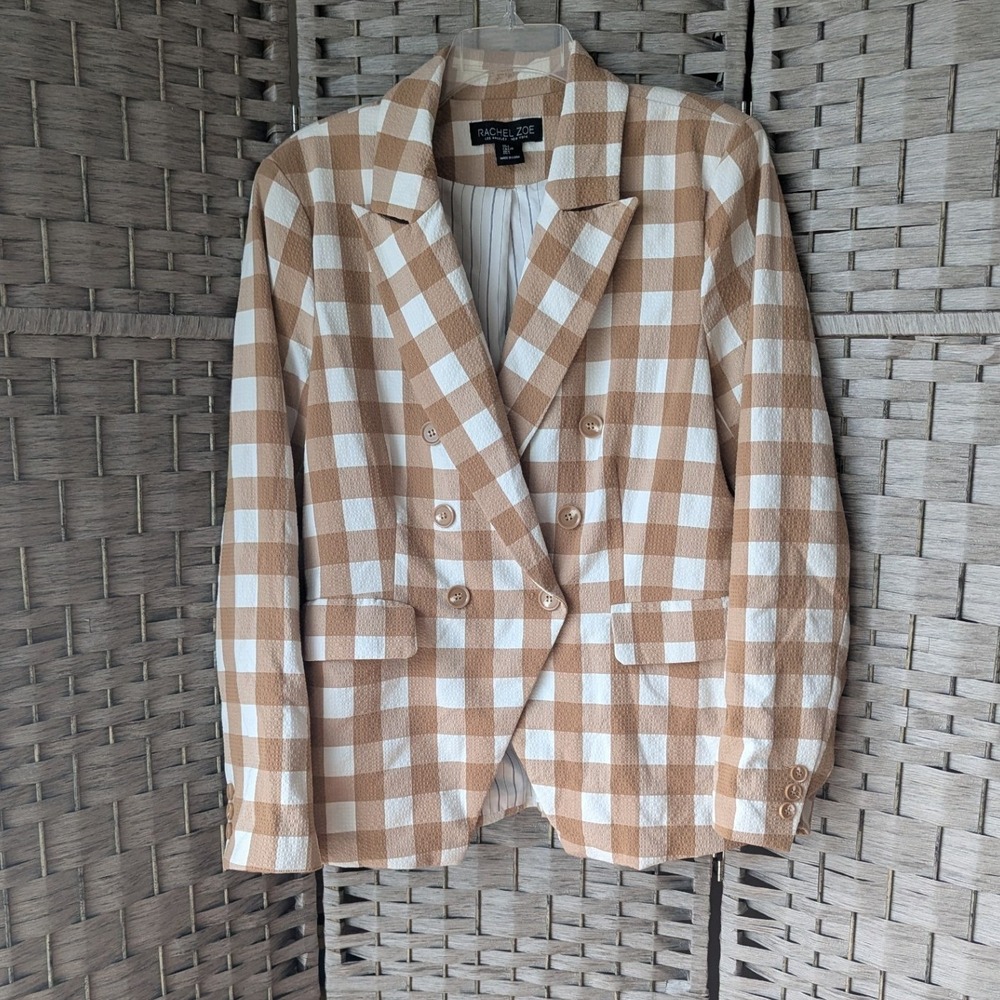 Rachel Zoe Blazer Tan White Gingham Double Breasted Sz L Office Tailored Chic